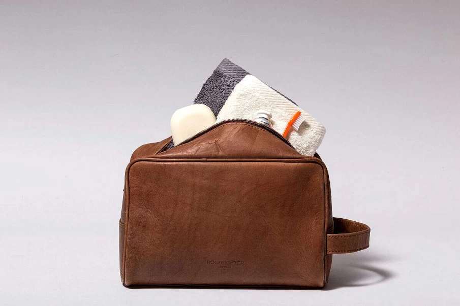 HOLZRICHTER Men's Leather Toiletry Bag No.3-1 (Large) - Travel Wash Bag for Men